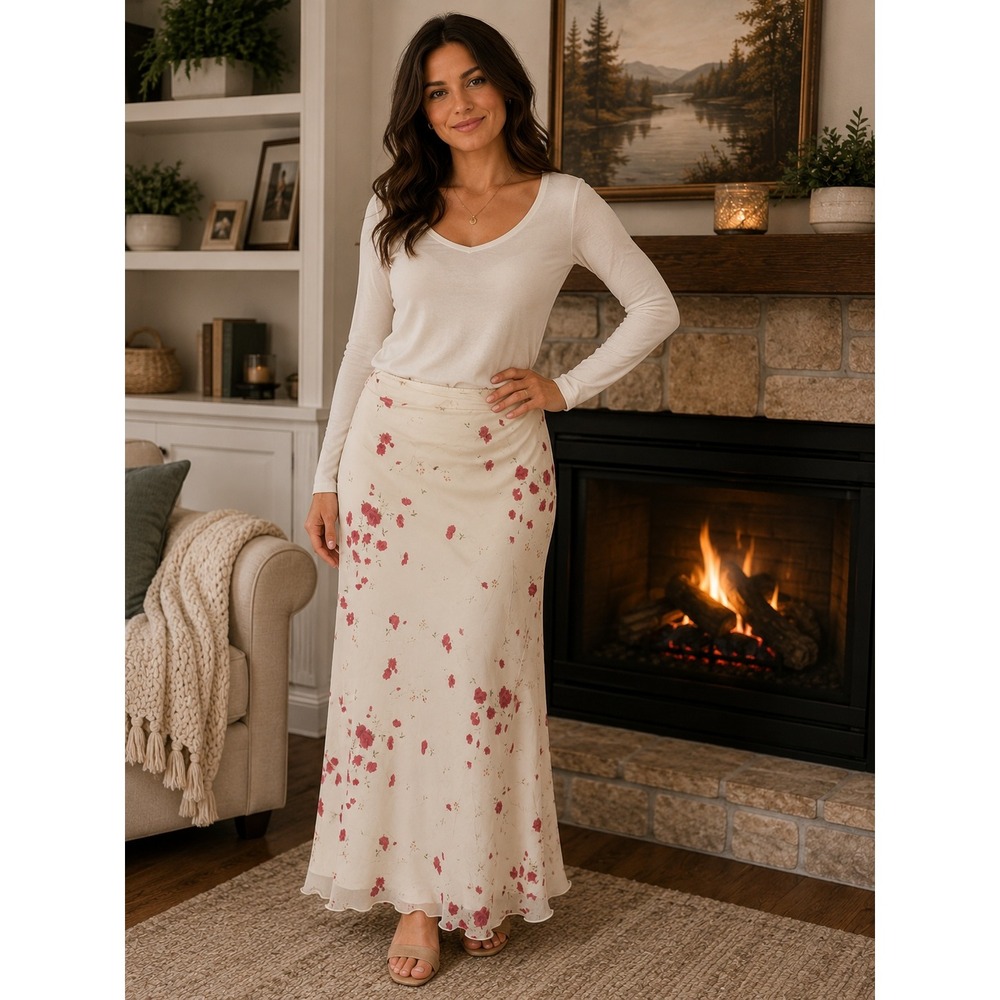 Studio Y Y2K Sheer Mesh Floral Maxi Skirt Cream Red Side Slit Women's Large